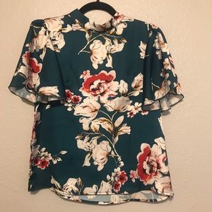Silky Teal Flower Flutter Sleeve Blouse
